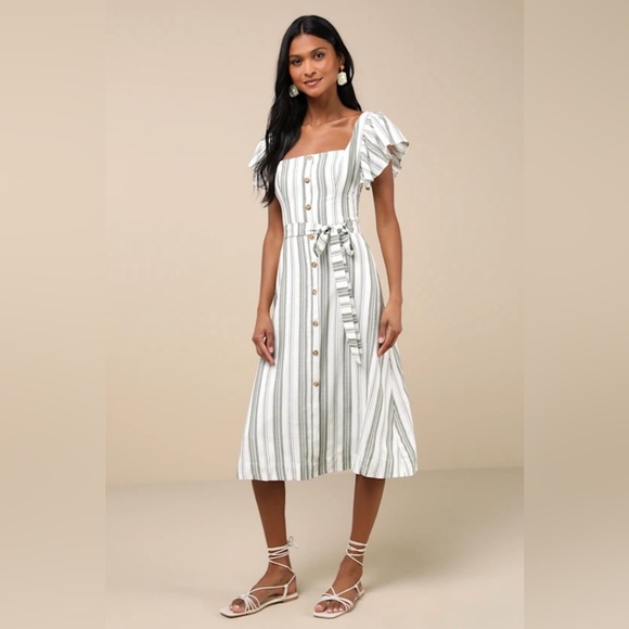 Lulus Mediterranean Moves Olive Striped Flutter Sleeve Midi Dress - Picture 1 of 2